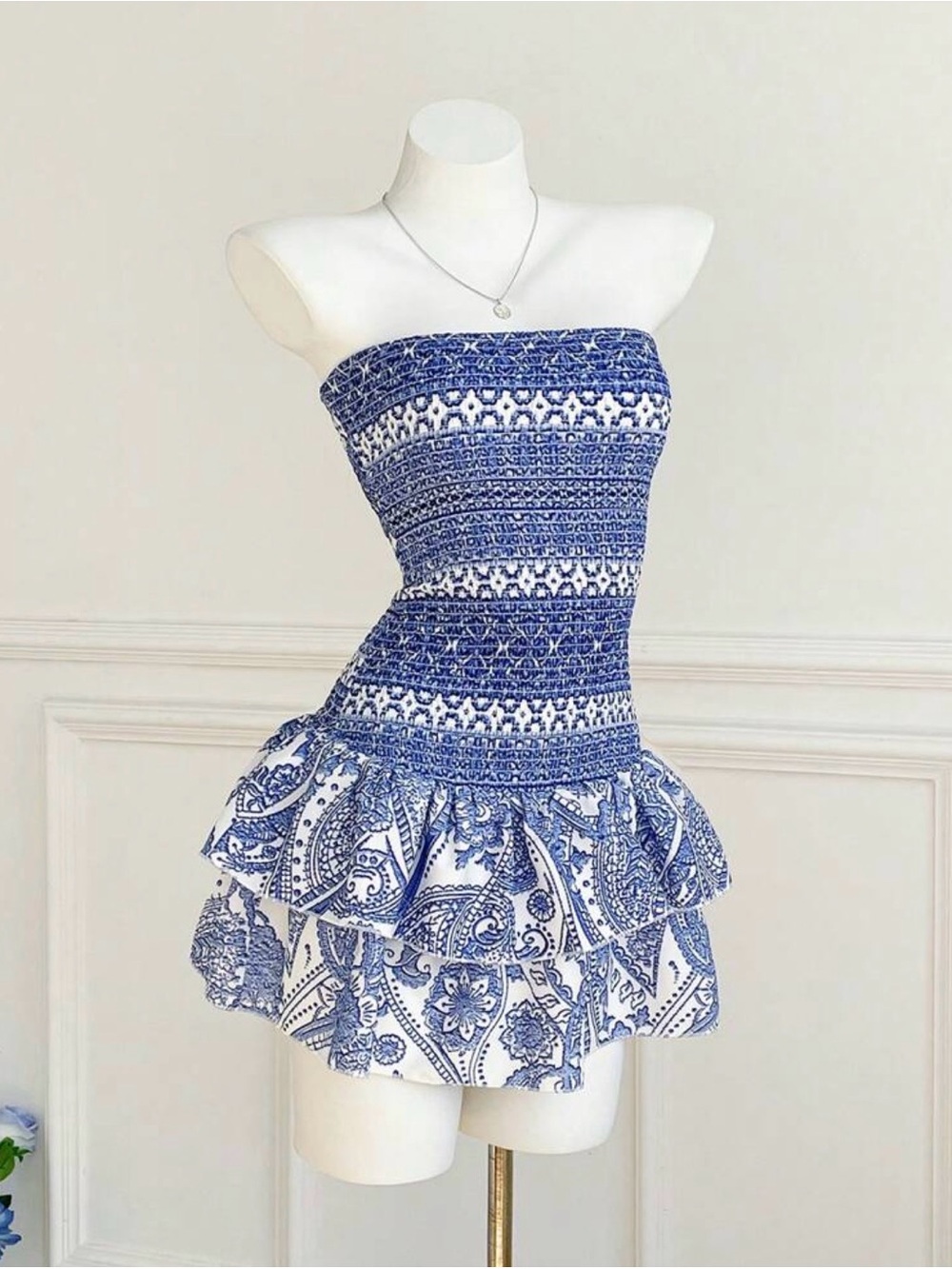 Princess Polly Blue and White Strapless Smocked Mini Dress